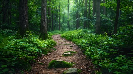 Sunlight filtering through a lush green forest onto a winding dirt path