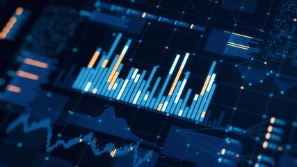 Digital business interface showing financial data analysis, stock market charts, investment growth. Global economy, big data, technology concept. Blue, orange tones. - Powered by Adobe
