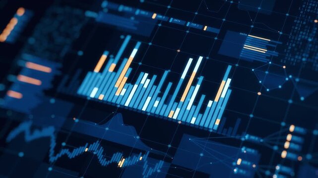 Digital business interface showing financial data analysis, stock market charts, investment growth. Global economy, big data, technology concept. Blue, orange tones.