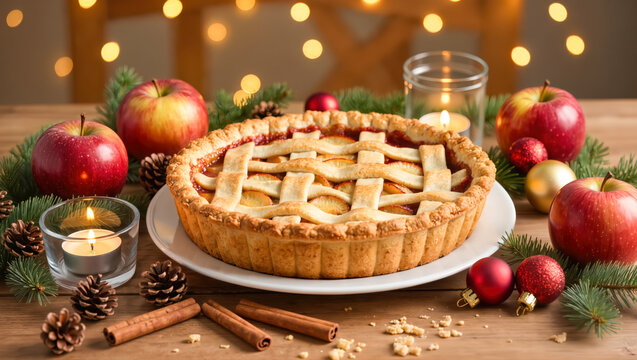 Christmas apple pie with lattice crust on white plate, surrounded by red apples, pine branches, baubles, candles and cinnamon sticks on festive wooden table