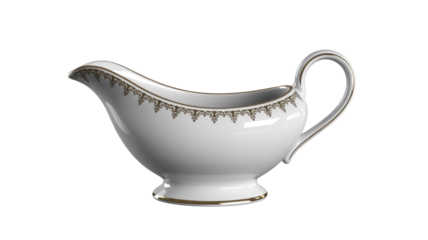 Elegant white ceramic gravy boat with intricate gold scrollwork design and handle, ideal for serving sauces and condiments. background removed
