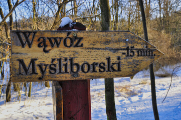 Rezerwat przyrody "Wąwóz Myśliborski" w zimowej scenerii. Drewniany znak kierunkowy w zaśnieżonym lesie wskazujący drogę do Wąwozu Myśliborskiego — Podróże i krajobrazy przyrodnicze. © Pol Badger