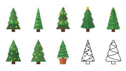 Obraz premium Set of various Christmas tree vector illustrations in color and outline style.