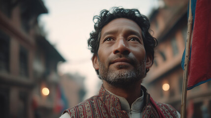 A resilient Nepali man reflects on the spirit of freedom and unity, embodying the profound significance of Prajatantra Diwas (National Democracy Day), Nepal, amidst a vibrant historical cityscape