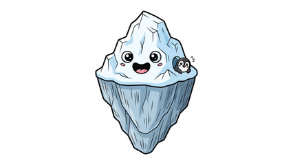 Adorable Iceberg Cartoon: A charming cartoon image of an iceberg with a happy face, a penguin perched upon its summit, radiating warmth and friendliness.