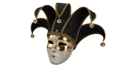 An opulent Venetian jester mask and hat, adorned in black velvet, gold trim, and a white-gold face, ready for masquerade. background removed