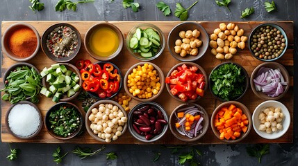 Colorful overhead view of fresh ingredients for salad or buddha bowl