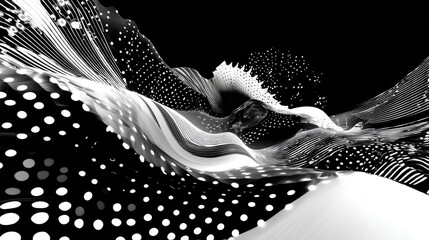 Abstract black and white wave patterns with dynamic lines and dots creating a mesmerizing visual depth and movement