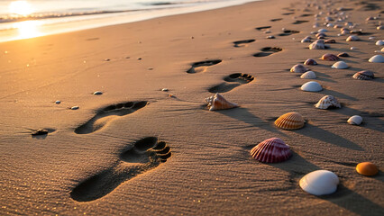 Footprints on the sandy beach by the ocean waves