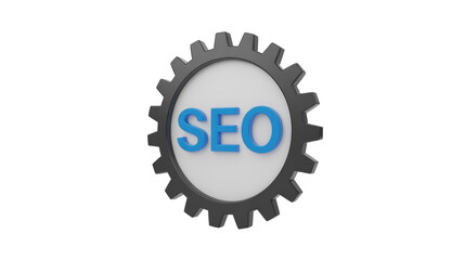 Obraz premium A 3D render of a black gear with 'SEO' in blue letters on a white center, symbolizing search engine optimization. background removed