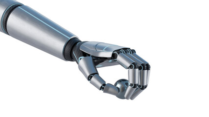 A sophisticated silver and carbon fiber robotic arm with glowing blue accents grasps a metallic sphere, representing advanced AI technology. background removed