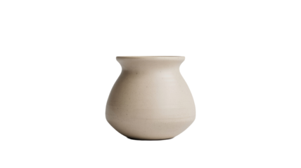 A minimalist, light beige speckled ceramic pot or vase with a simple, rounded form, set against a solid transparent background. background removed