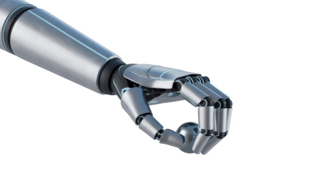 A sophisticated silver and carbon fiber robotic arm with glowing blue accents grasps a metallic sphere, representing advanced AI technology. background removed - Powered by Adobe