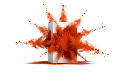 White rectangular box exploding with vibrant orange powder pigment creating a dynamic starburst effect, isolated on transparent background