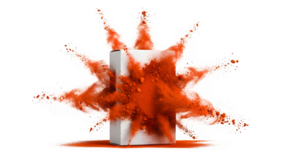 White rectangular box exploding with vibrant orange powder pigment creating a dynamic starburst effect, isolated on transparent background
