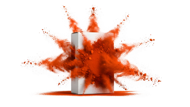 White rectangular box exploding with vibrant orange powder pigment creating a dynamic starburst effect, isolated on transparent background
