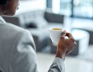 A serene moment: professional taking a rejuvenating coffee break in a modern office lounge setting