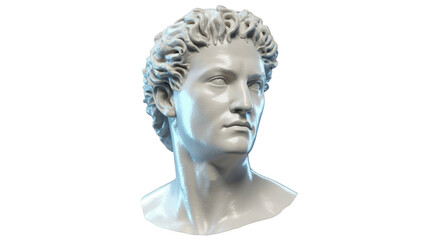 A captivating 3D rendered classical marble bust of a youthful man with curly hair, exuding timeless artistic elegance. background removed