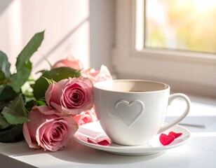 A cup of tea with a heart-shaped design, saucer, and delicate pink roses lie on a windowsill bathed in warm sunlight