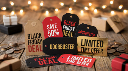 Black Friday Discount Tags and Price Reduction Background — Retail Promotion Photography