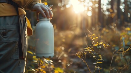 Person holding a reusable water bottle in a sunny forest
