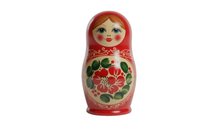 A vibrant Russian matryoshka doll, hand-painted in red with intricate floral designs, featuring a charming traditional face. Cultural wooden toy. background removed