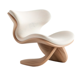 A modern lounge chair with a unique curved shape. The chair features a wooden base and a soft seat surface. It is isolated on a transparent background and ready for design projects