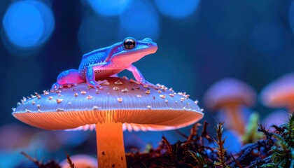 Frog on Mushroom with Magical Forest, Fantasy, Glowing, and Bokeh.
