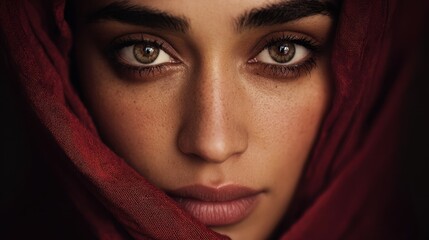 Naklejka premium Close up portrait of a woman's face with expressive eyes and a red head covering
