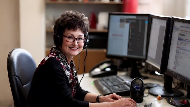 Holiday shopping season. Retail business promotion concept. A woman with glasses and headphones sits at a desk in a room with a computer setup. She wears a patterned scarf and a black top.