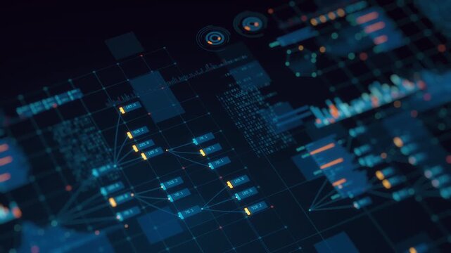 3D render: Abstract financial data visualization background. Digital grid, charts, graphs, numbers, binary code. Technology, business, analytics, big data concept. Ideal for motion graphics