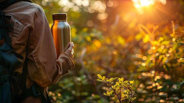 Person holding reusable water bottle in sunlit forest during golden hour
