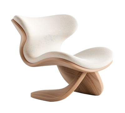A modern lounge chair with a unique curved shape. The chair features a wooden base and a soft seat surface. It is isolated on a transparent background and ready for design projects