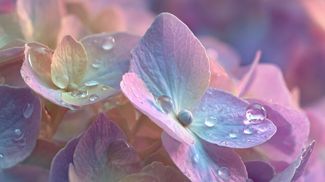 Close-up of a delicate hydrangea flower with water droplets glistening on its petals. The flower has a mix of pastel colors, creating a soft and dreamy feel