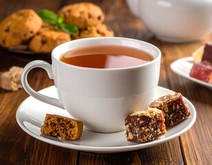 A cup of tea with dessert treats alongside. Cookies, candied squares, and a teapot rest on a wooden table