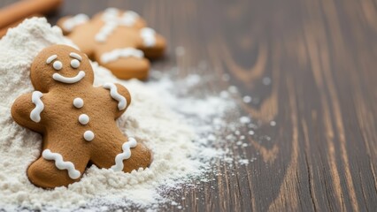 Gingerbread Man Cookie on White Flour Background
