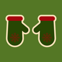 Christmas sticker. Santa's green mittens with a red snowflake and white outline on a green background. Vector illustration. New Year's stickers. Bright square background.