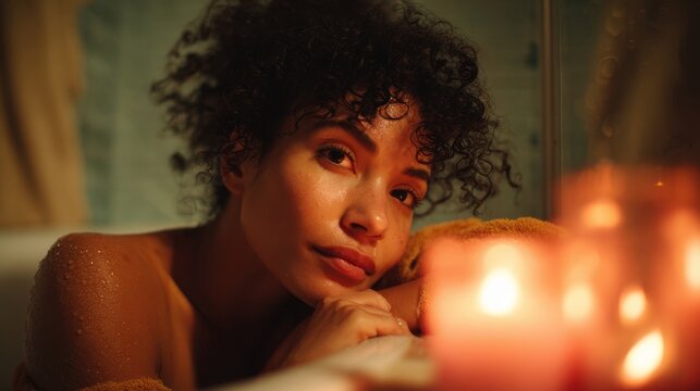 Woman with curly hair relaxes in a bathtub with soft candlelight glowing warmly - Powered by Adobe