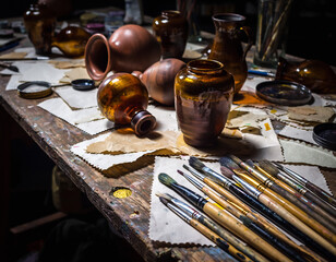 Artists workspace Still life with paintbrushes, pottery, and paint containers on a rustic table. Evokes creativity, artistry, and the artistic process. Ideal for artrelated content.