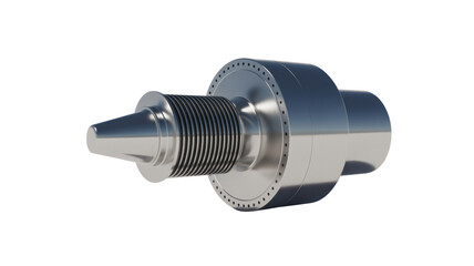 Shiny 3D render of a metallic industrial component with a tapered end, ribbed middle section, and a flanged body, on green. background removed