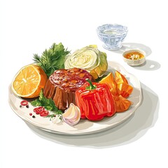 Gourmet plate with roasted meat and fresh vegetables