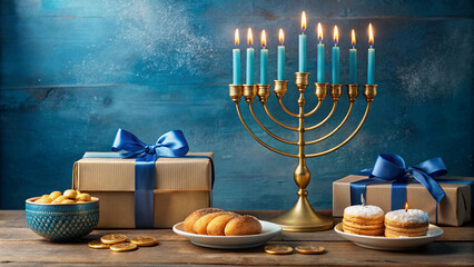 Hanukkah celebration with menorah Sugimoto and gift