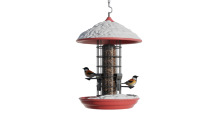 A red and white bird feeder, partially covered in snow, holds seeds while two colorful birds perch, isolated on green. background removed