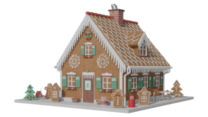 A beautifully decorated gingerbread house with white icing, green shutters, and festive candies. Gingerbread figures and trees adorn the base. background removed