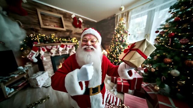 Winter holiday celebration concept. Christmas New Year. Santa Claus opening presents in a festive living room with Christmas decorationsSanta Claus in a red suit with a white beard and hat.