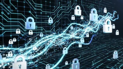 Data encryption concept illustrated by floating padlocks in a network, perfect for cybersecurity designs, technology blogs, and data protection. - Powered by Adobe
