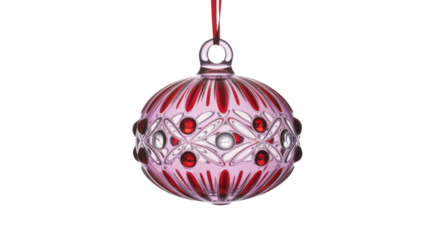 An exquisite pink and red crystal Christmas ornament featuring intricate patterns, studded with jewel-like accents, suspended by a vibrant red ribbon. background removed
