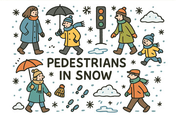 Winter Pedestrian Doodle. Pedestrians in snow. Hand-drawn doodle illustration of Pedestrians in snow. winter