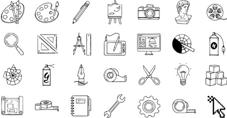 Hand-drawn Doodle Sketch Icons Set of Art, Design, and Creative Tools Collection on White Background