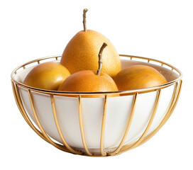 A wire fruit bowl holds several pears, showcasing a blend of metal and ceramic elements. The bowl is isolated on a clear background to highlight its design